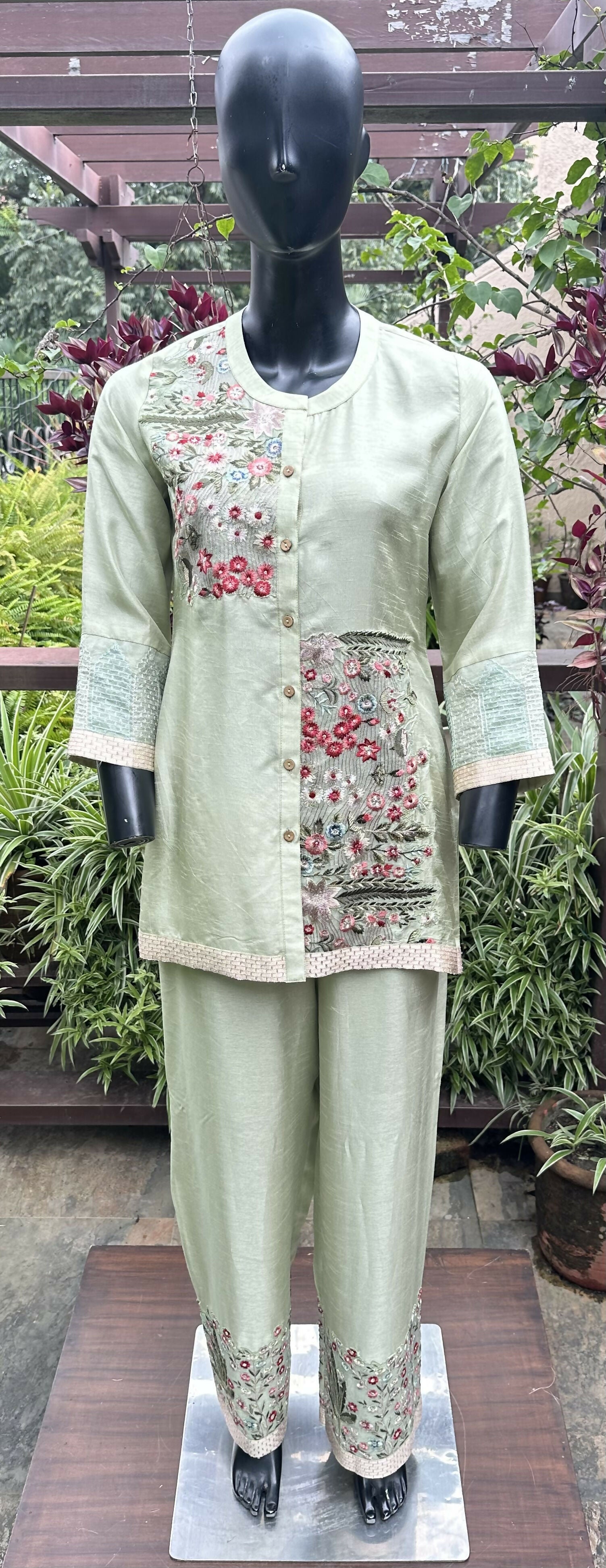 Cotton Silk Embroidered Cord Set Green