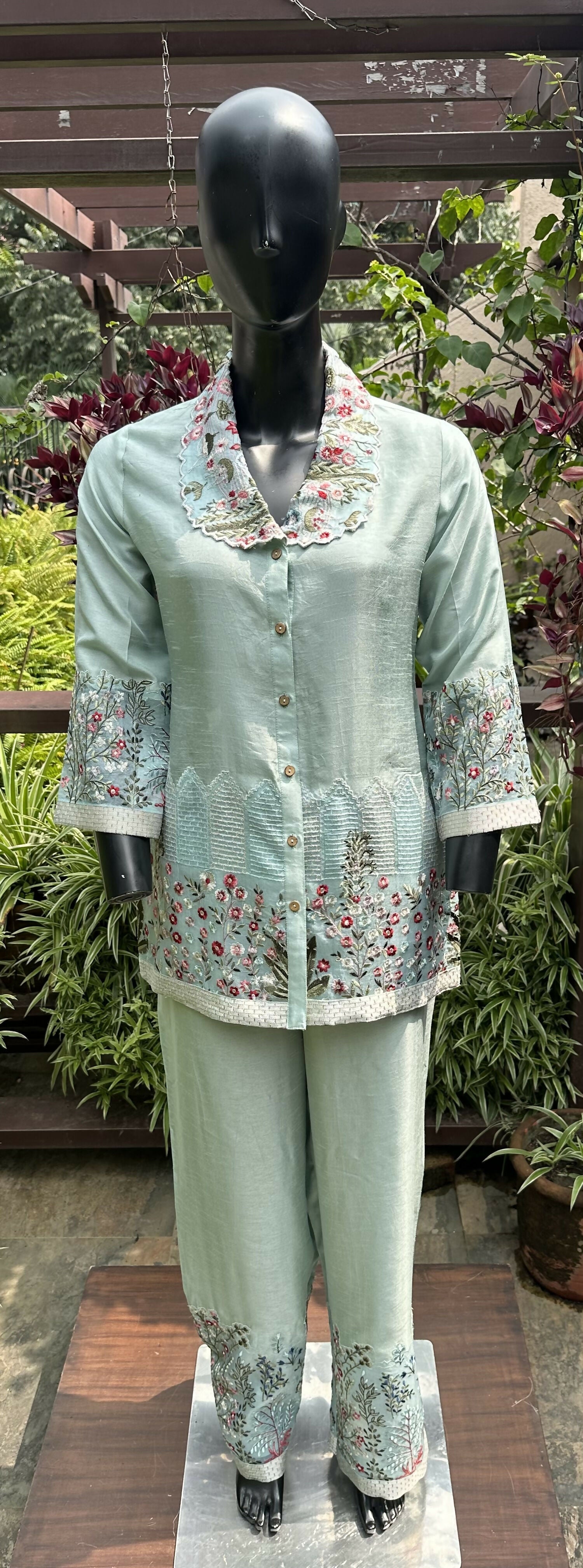 Cotton Silk Embroidered Cord Set Turquoise