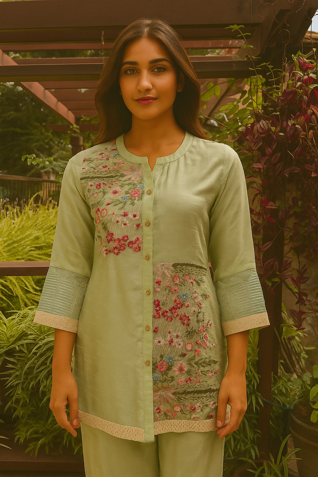 Cotton Silk Embroidered Cord Set Green