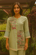 Cotton Silk Embroidered Cord Set Green