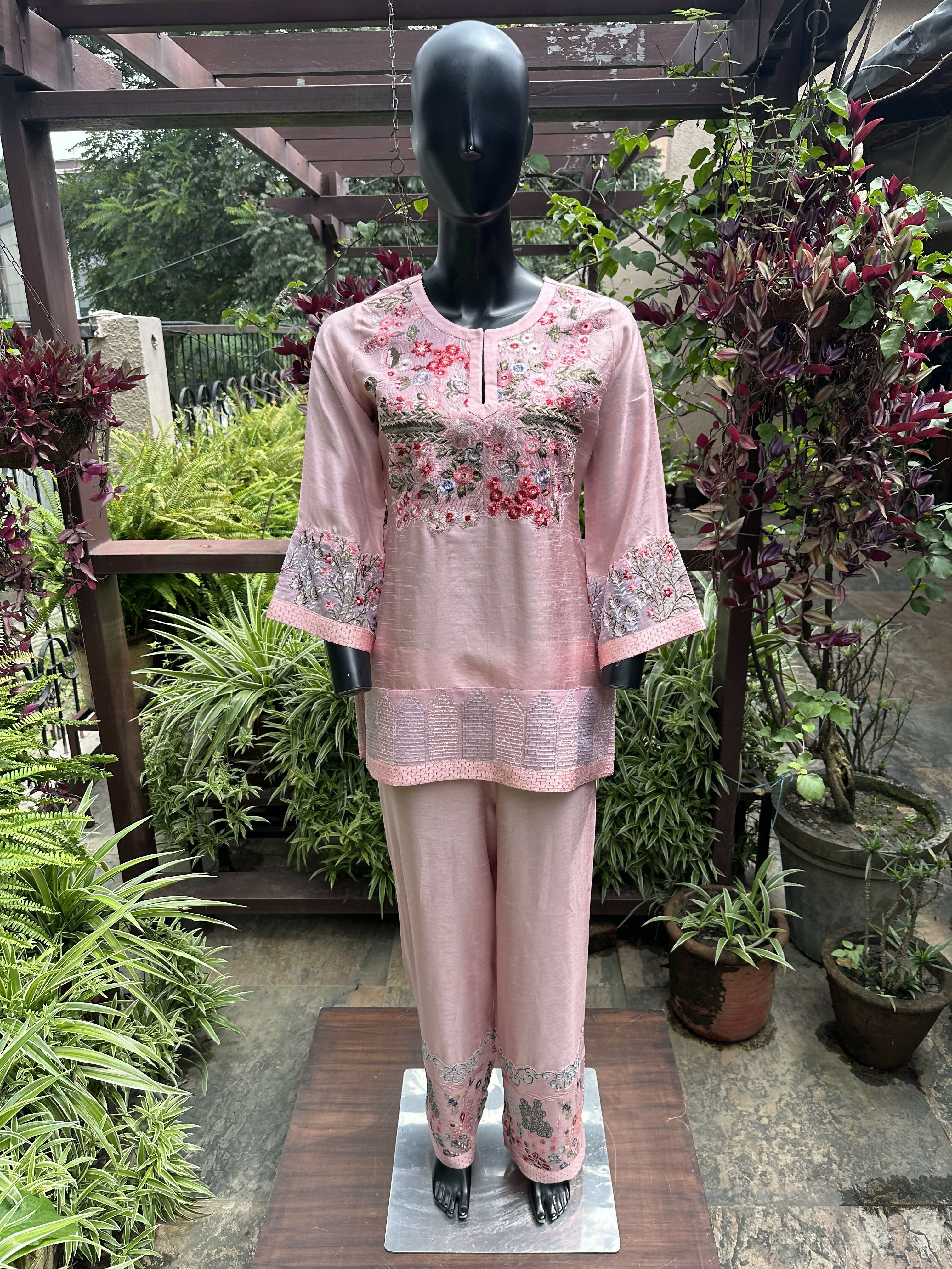 Cotton Silk Embroidered Cord Set Pink