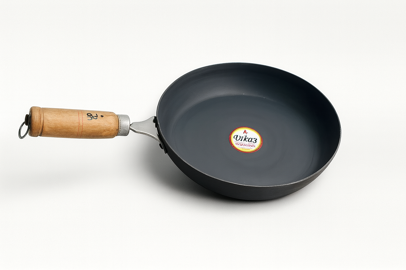 Non-Stick Iron Fry Pan with Wooden Handle – Heavy Duty Kadhai / Skillet