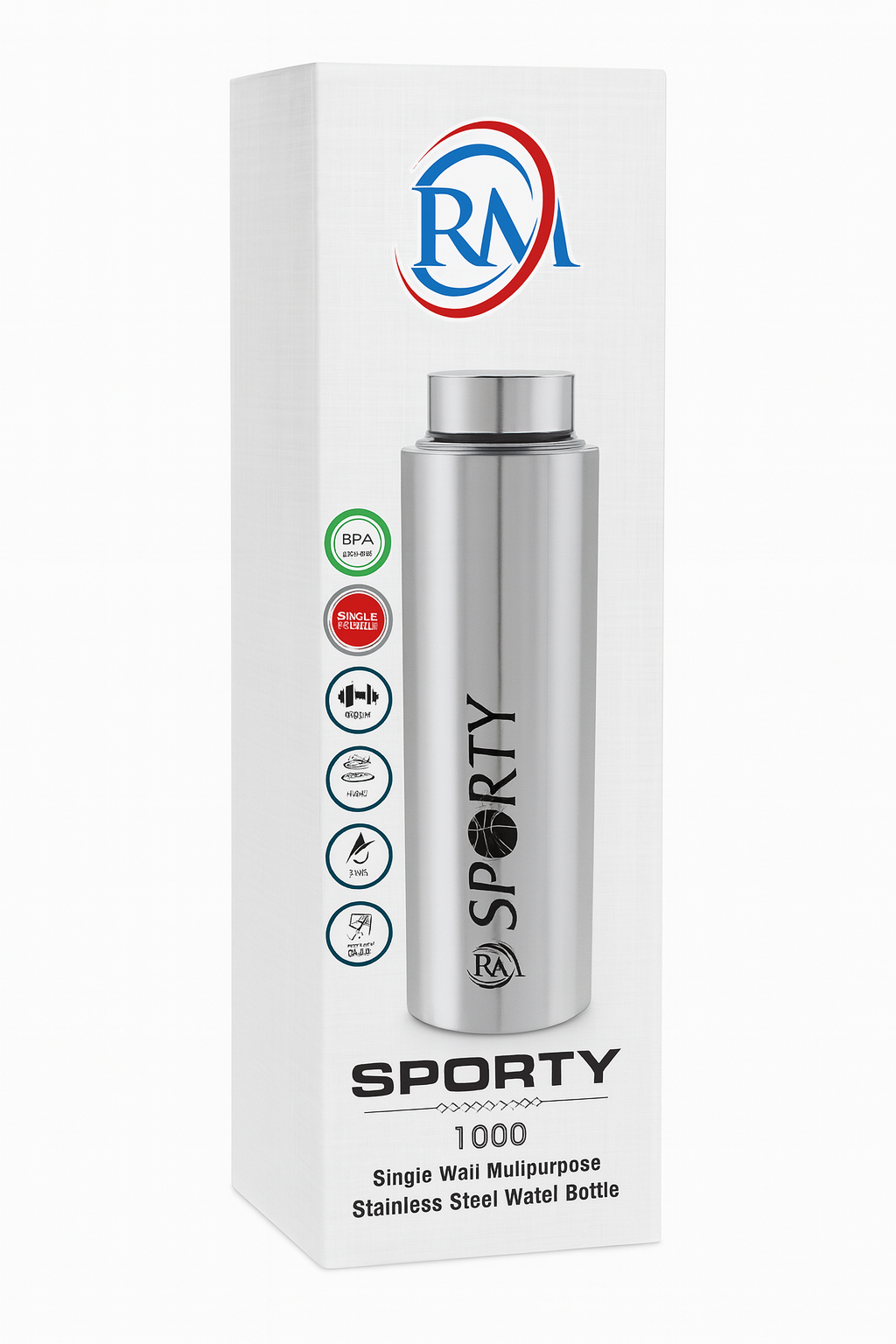 RM Sporty 1000 – Single Wall Multipurpose Stainless Steel Water Bottle (1 Litre)
