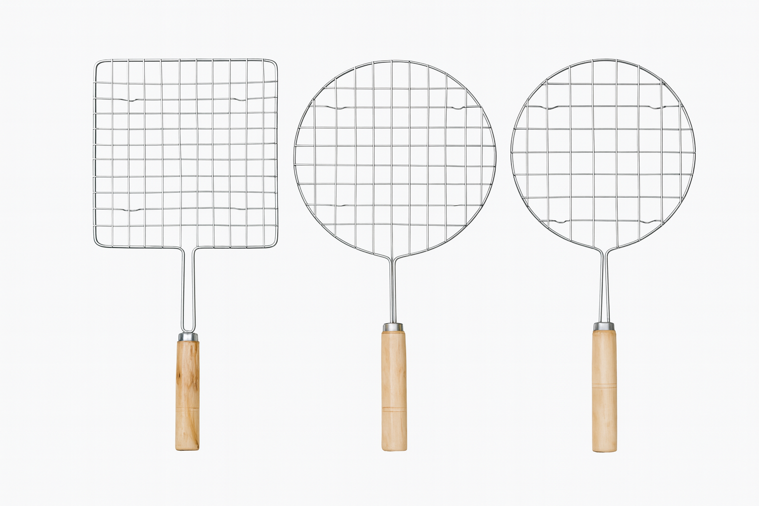 Stainless Steel BBQ Grill Net with Wooden Handle – Round & Square Options