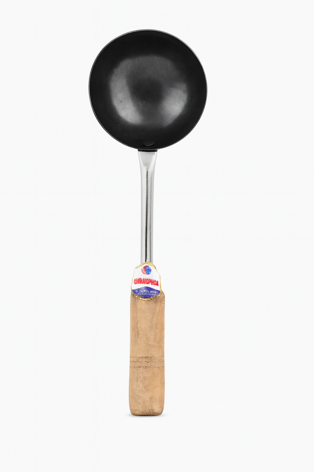 Heavy-Duty Iron Black Tadka Ladle with Wooden Handle – For Tempering & Frying