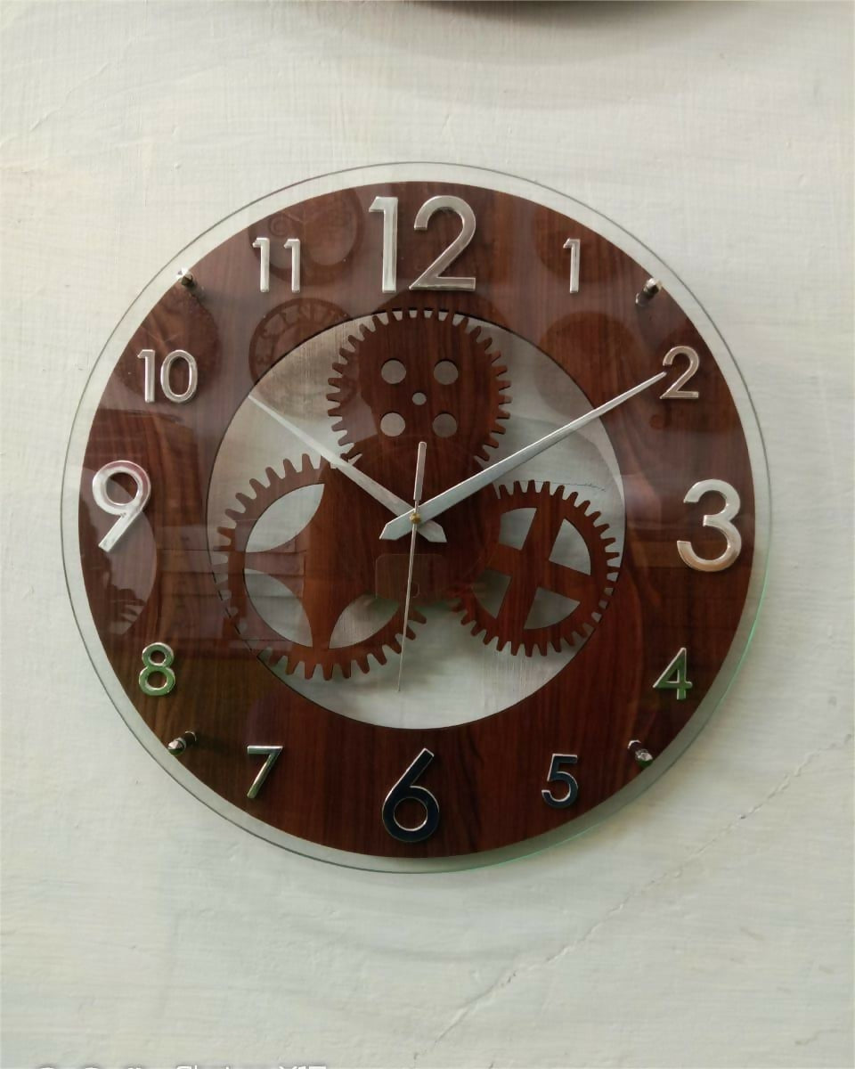 Premium Wooden Gear Wall Clock – Round with Silver Numerals