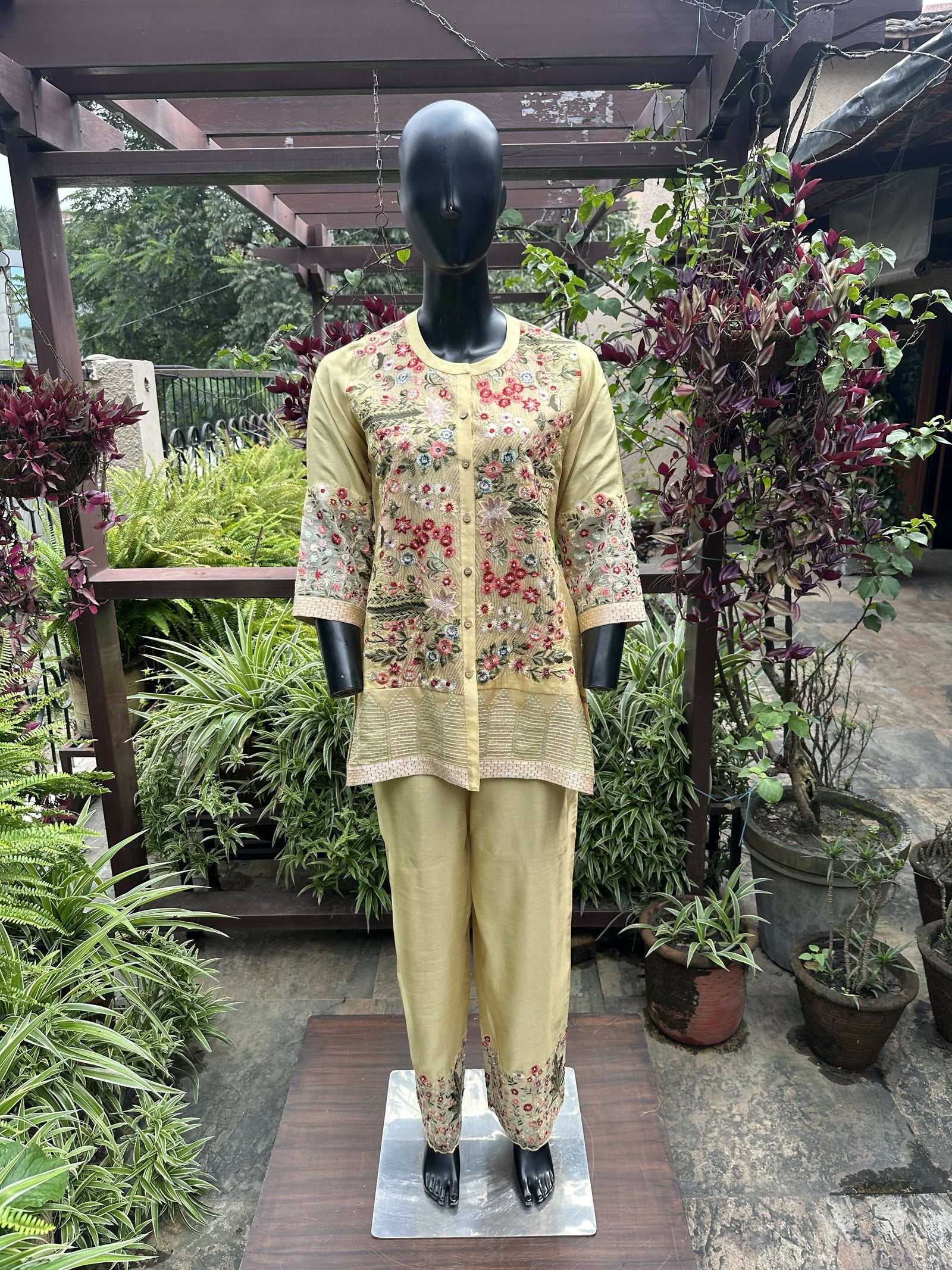 Cotton Silk Embroidered Cord Set Yellow