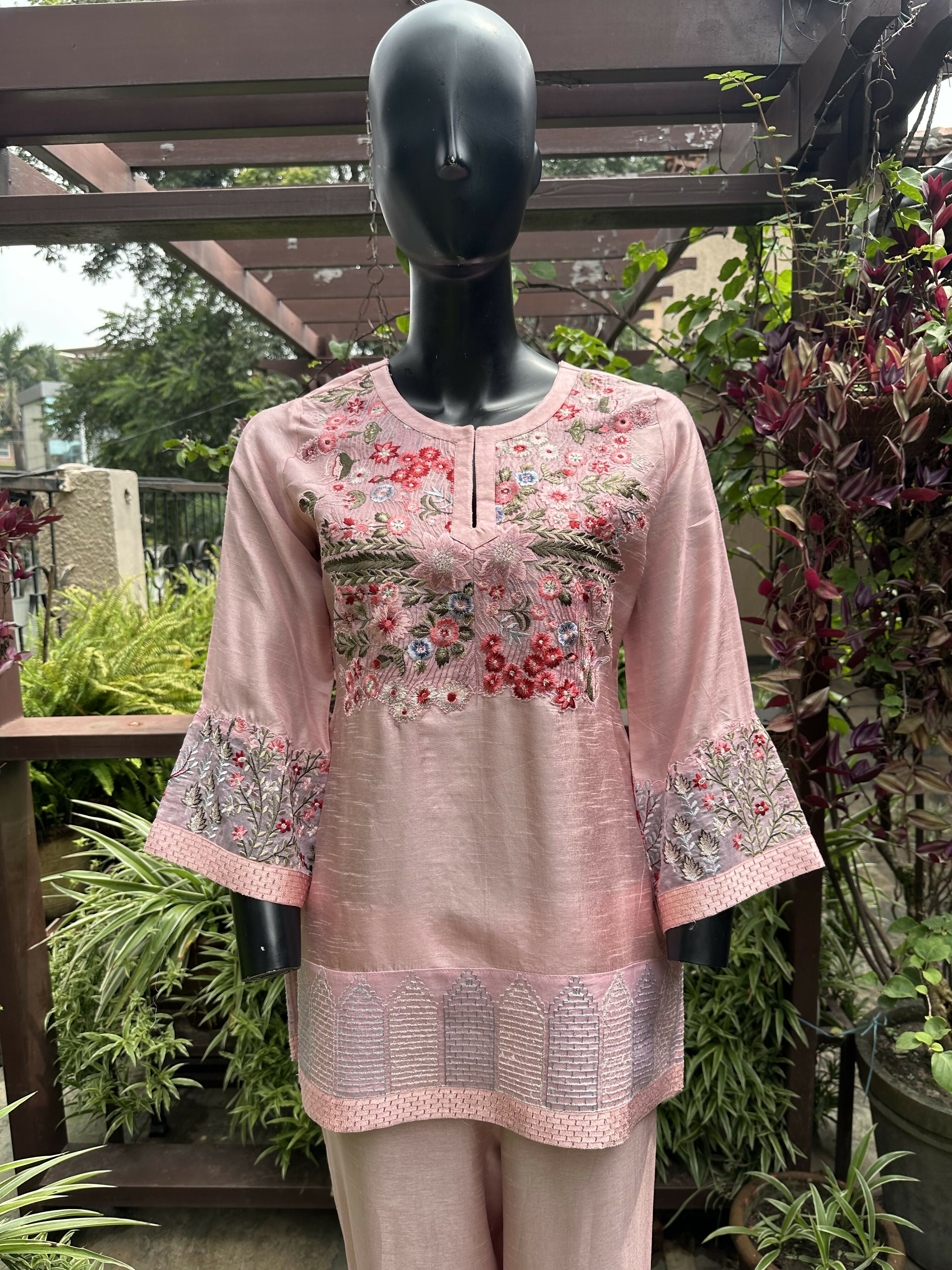 Cotton Silk Embroidered Cord Set Pink