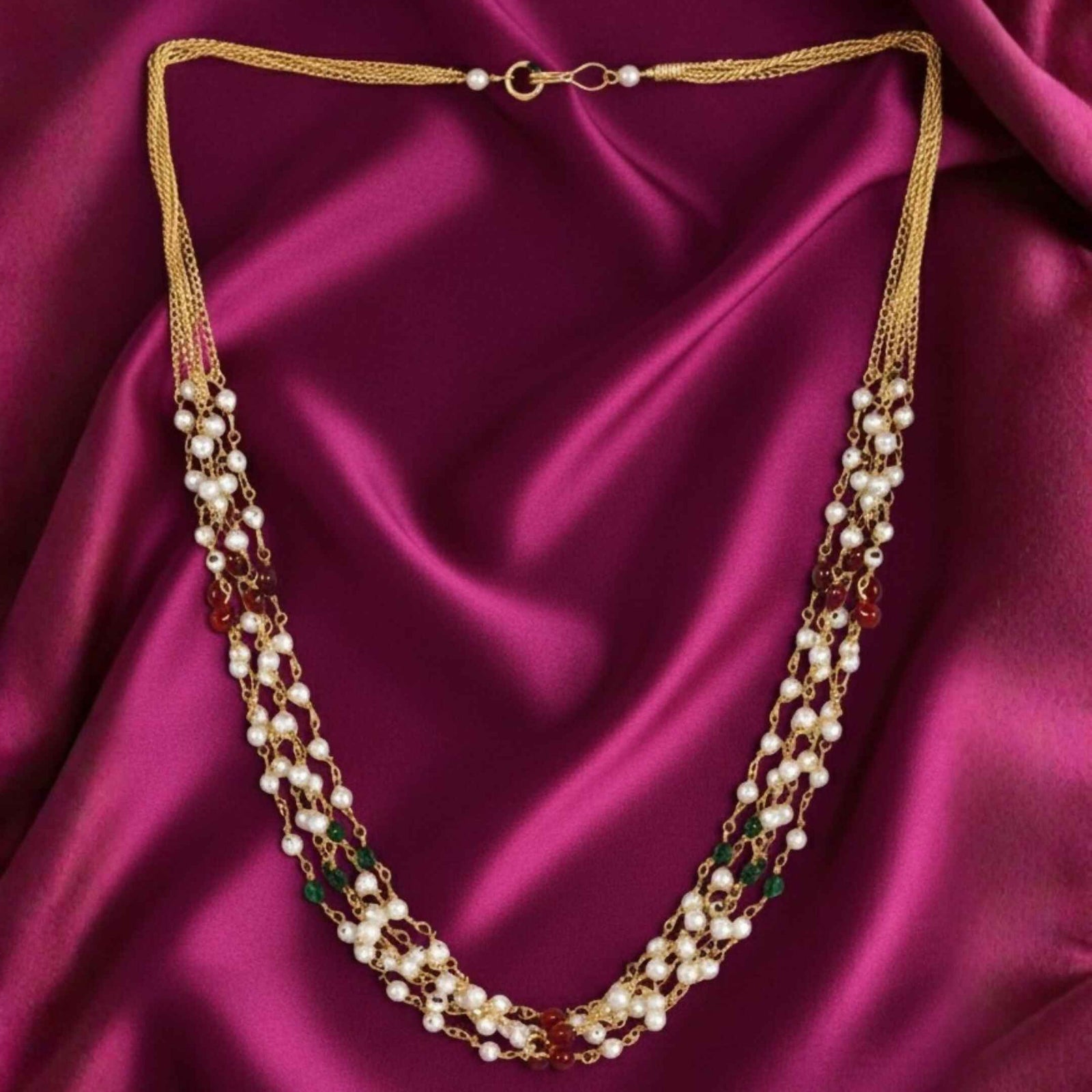 Multi-Strand Pearl Necklace with Red & Green Beads