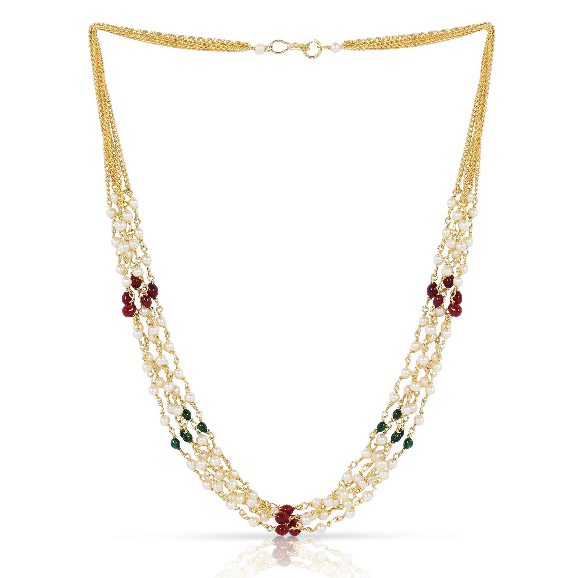 Multi-Strand Pearl Necklace with Red & Green Beads