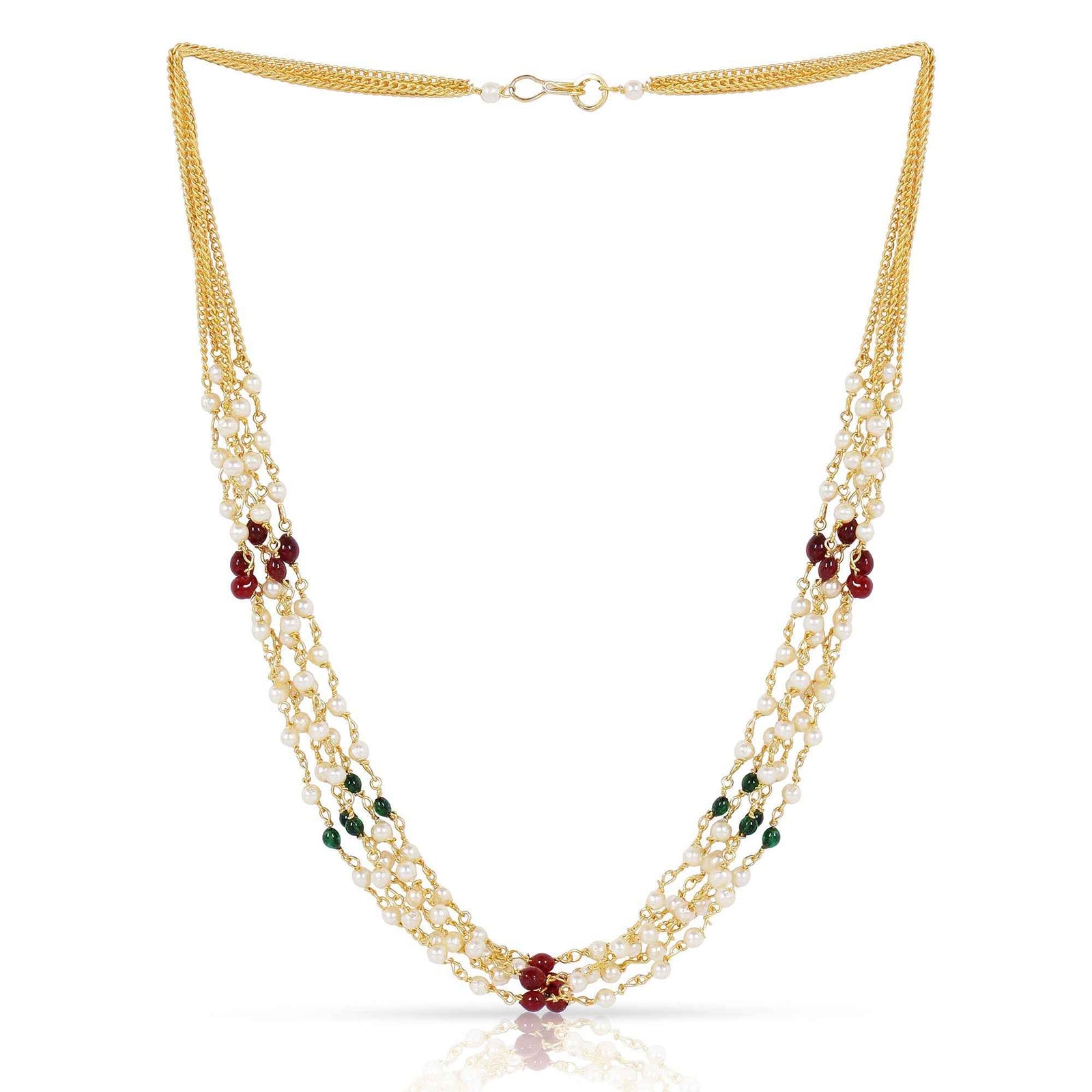 Multi-Strand Pearl Necklace with Red & Green Beads