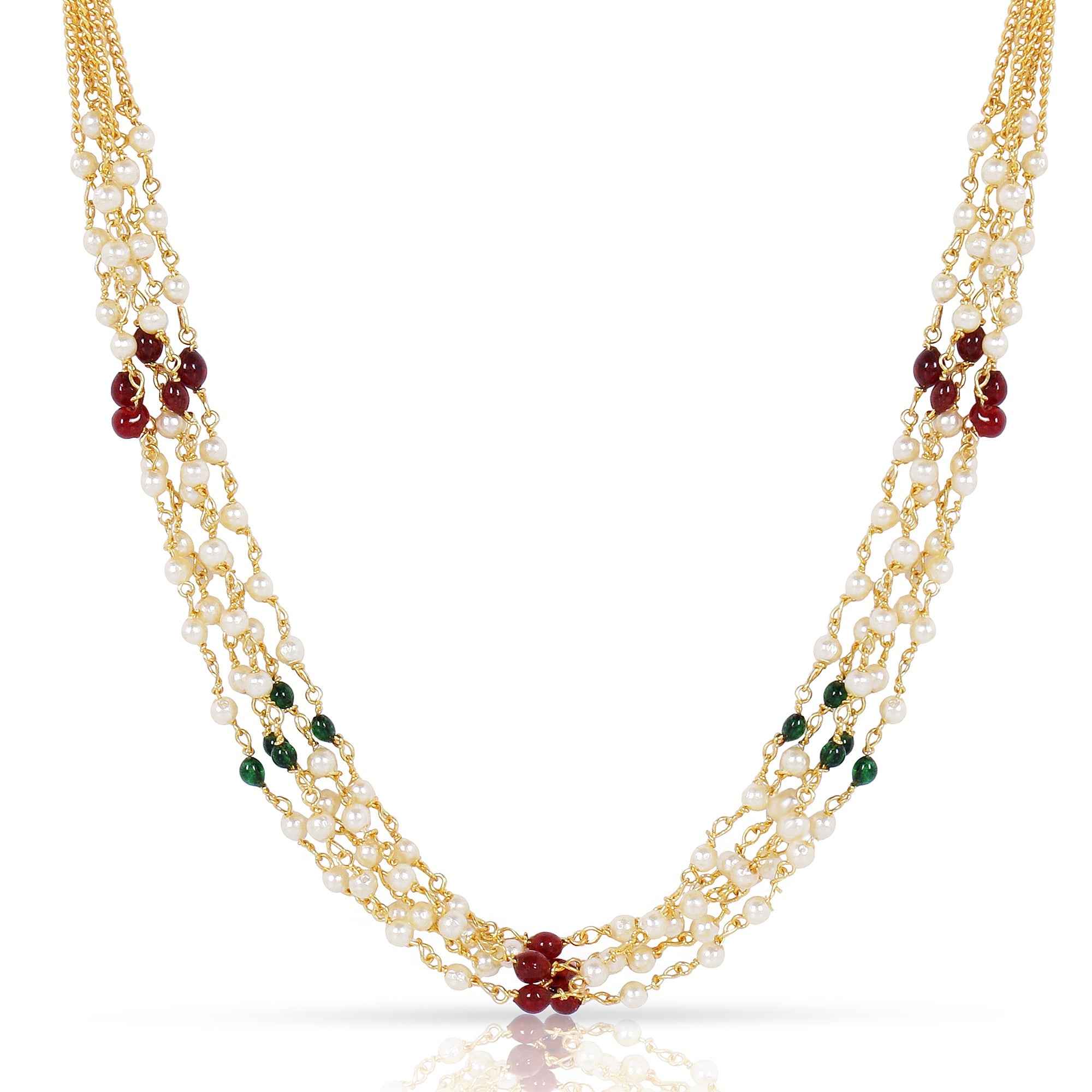 Multi-Strand Pearl Necklace with Red & Green Beads