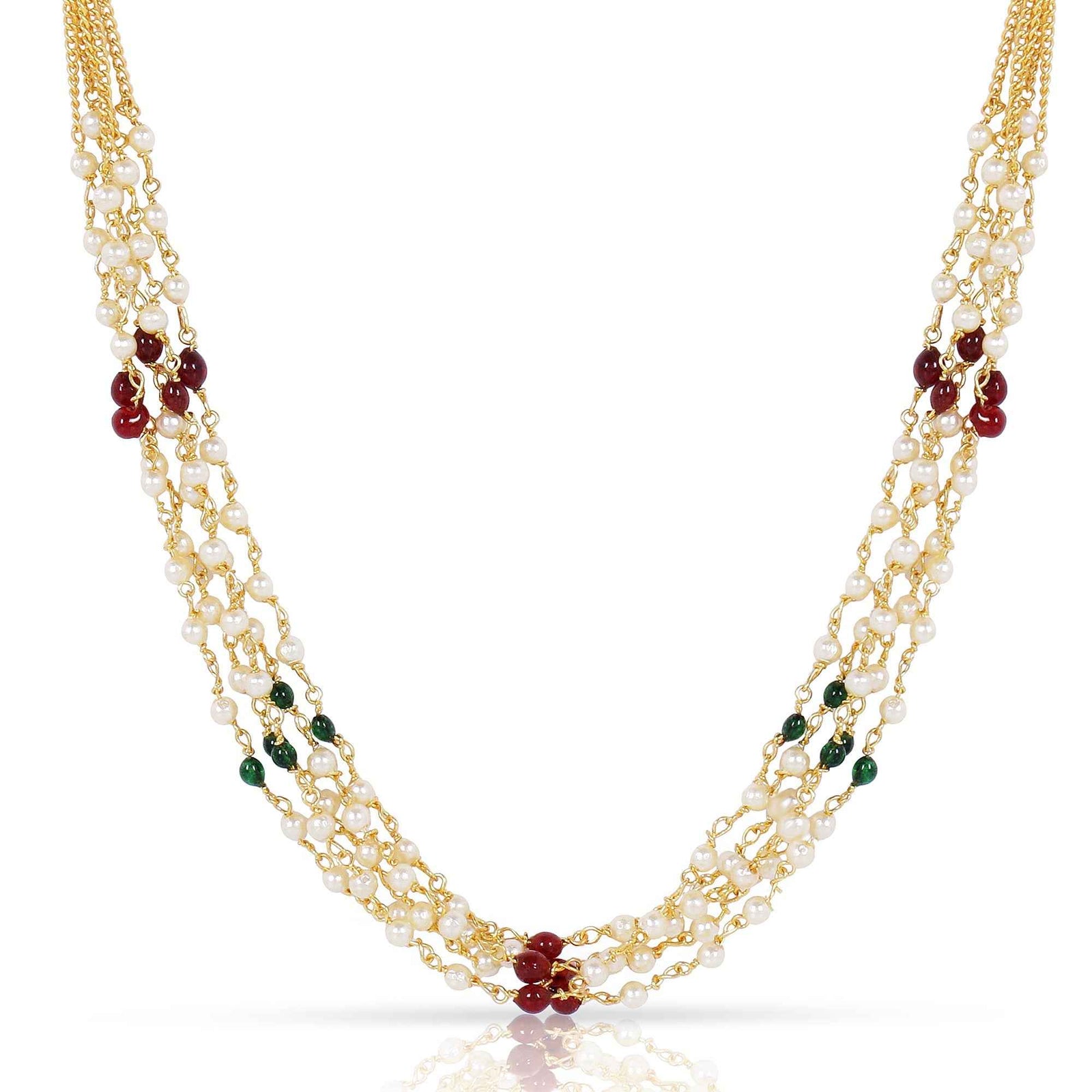 Multi-Strand Pearl Necklace with Red & Green Beads