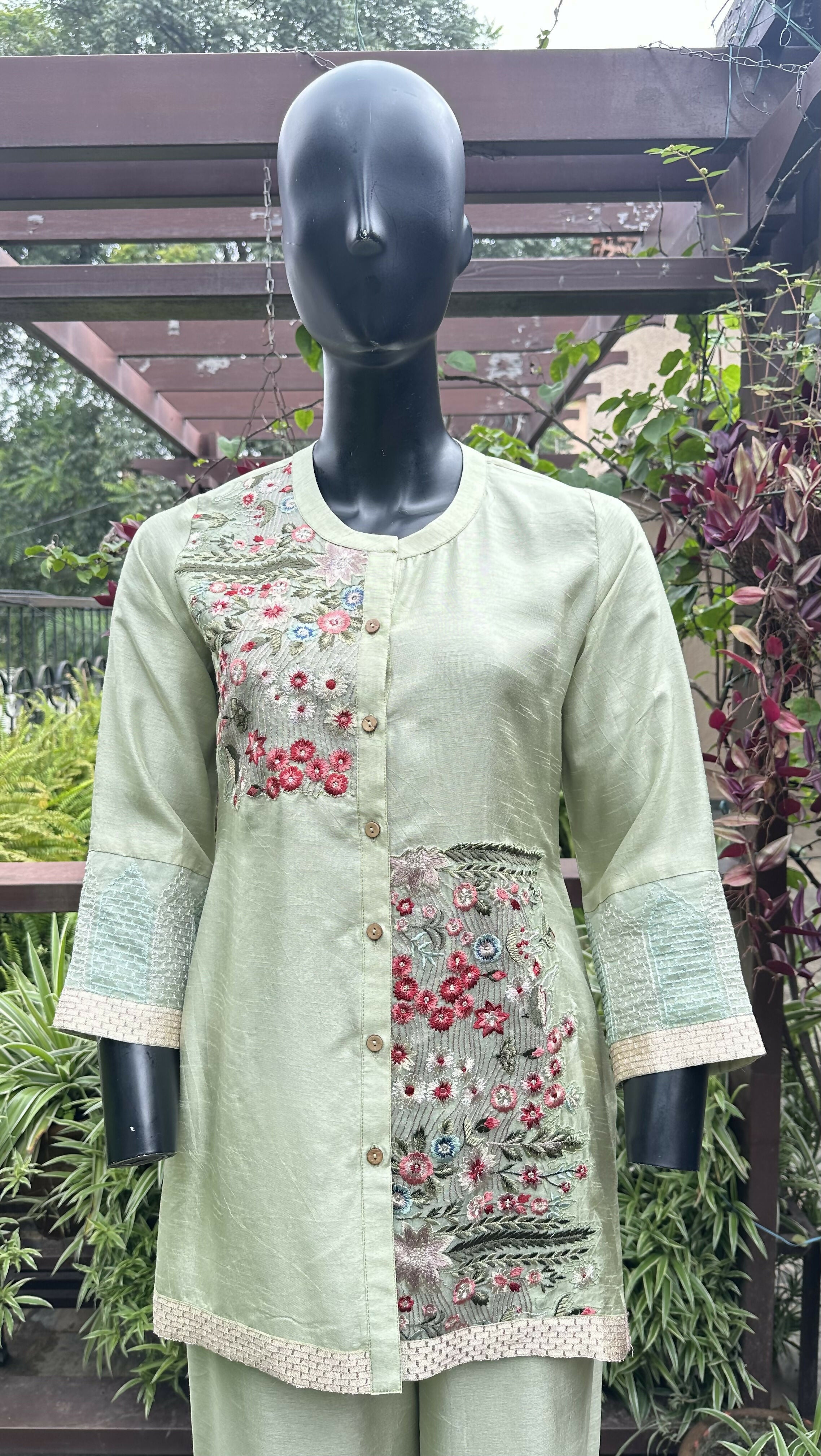 Cotton Silk Embroidered Cord Set Green