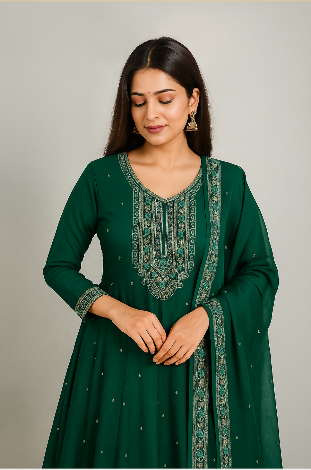 English Green Anarkali Churidar Suit
