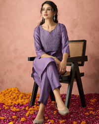 Women's Lavender Embroidered Straight Kurta Set (1 Set = 5 Sizes)