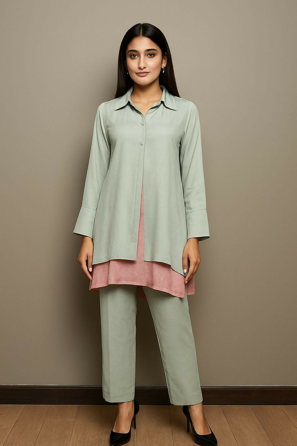Olive Green Georgette Tunic with old rose inner