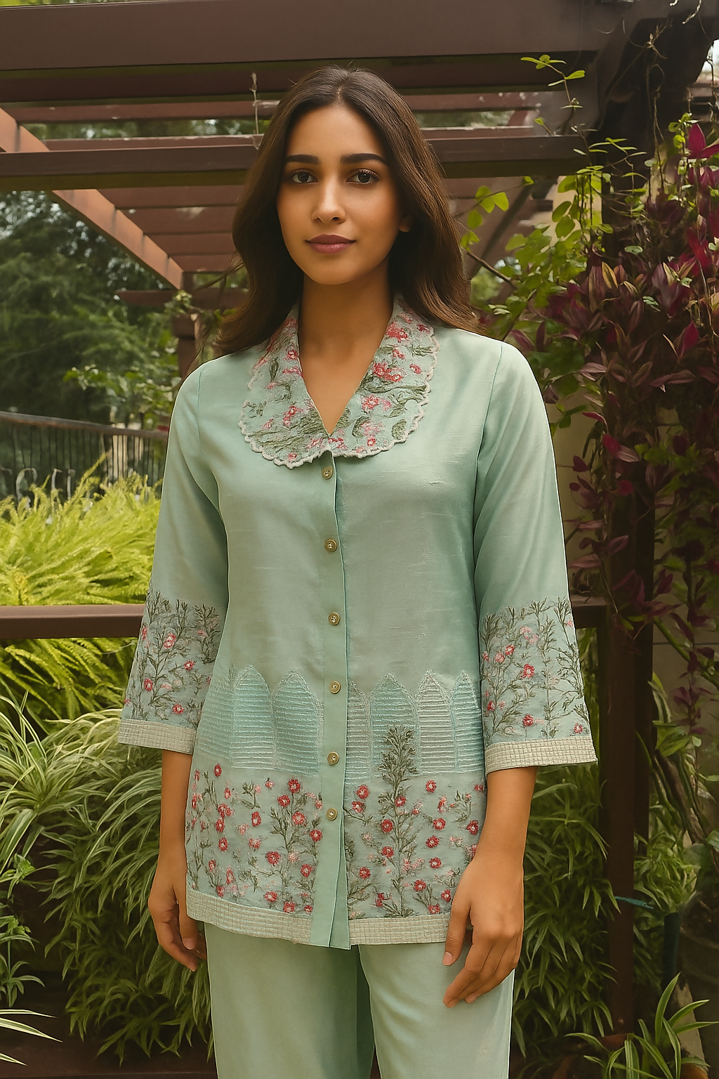 Cotton Silk Embroidered Cord Set Turquoise