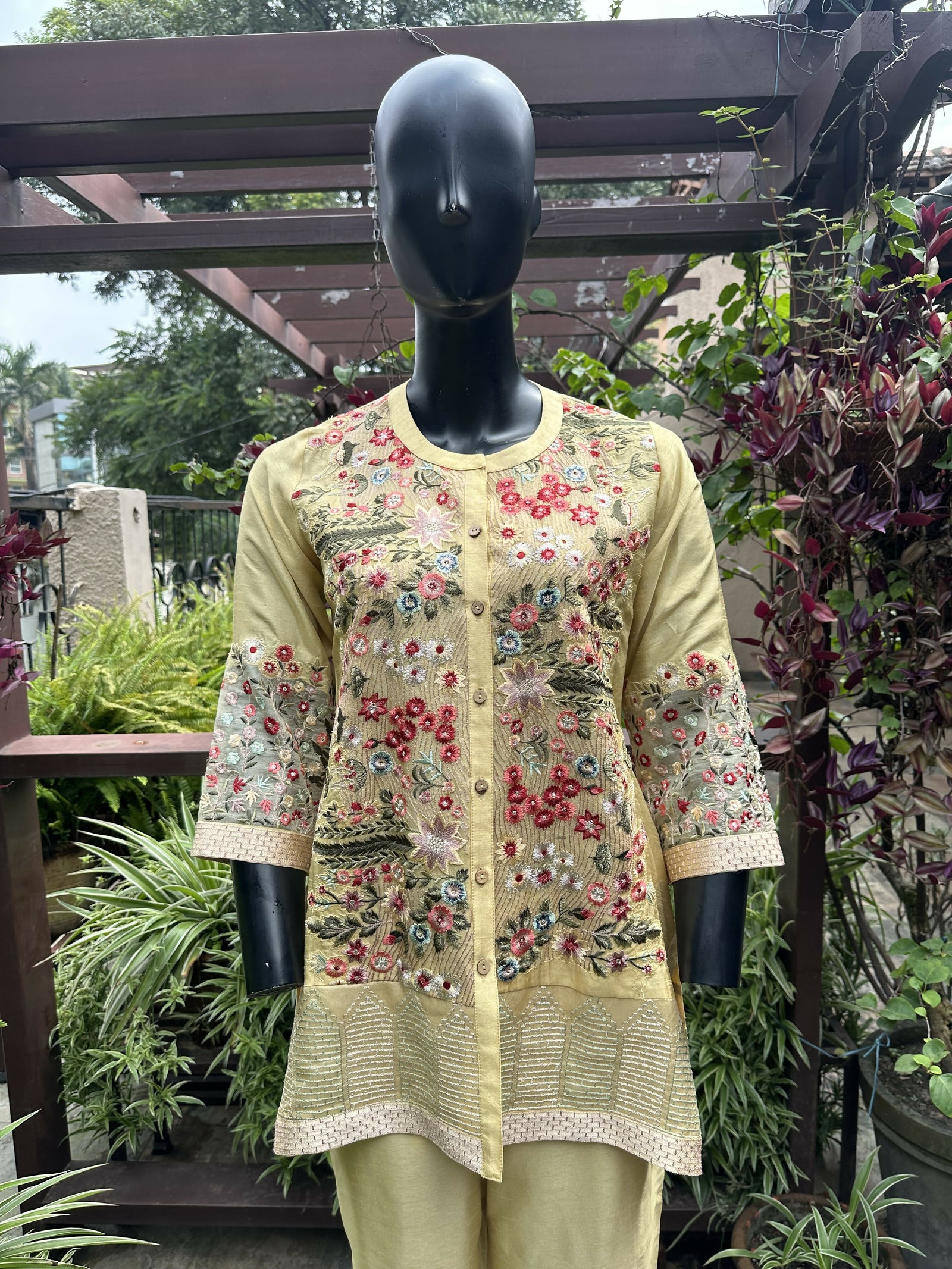 Cotton Silk Embroidered Cord Set Yellow