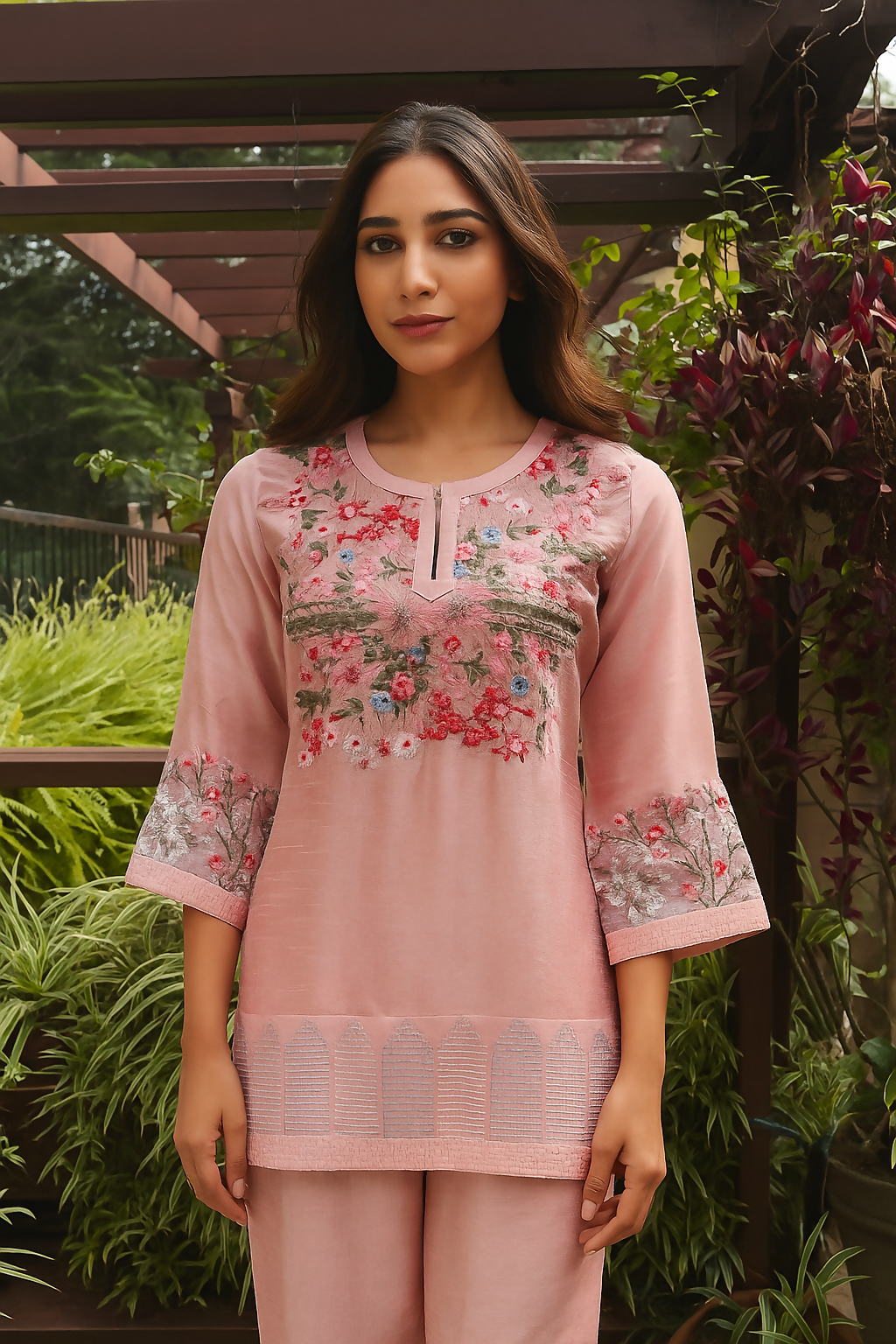 Cotton Silk Embroidered Cord Set Pink