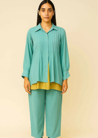Blue Turquoise Georgette Pintuck tunic with yellow inner - Sitarahub