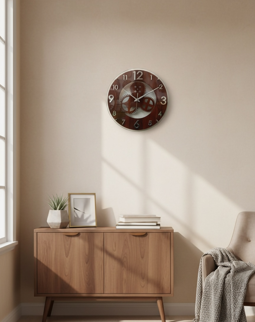 Premium Wooden Gear Wall Clock – Round with Silver Numerals