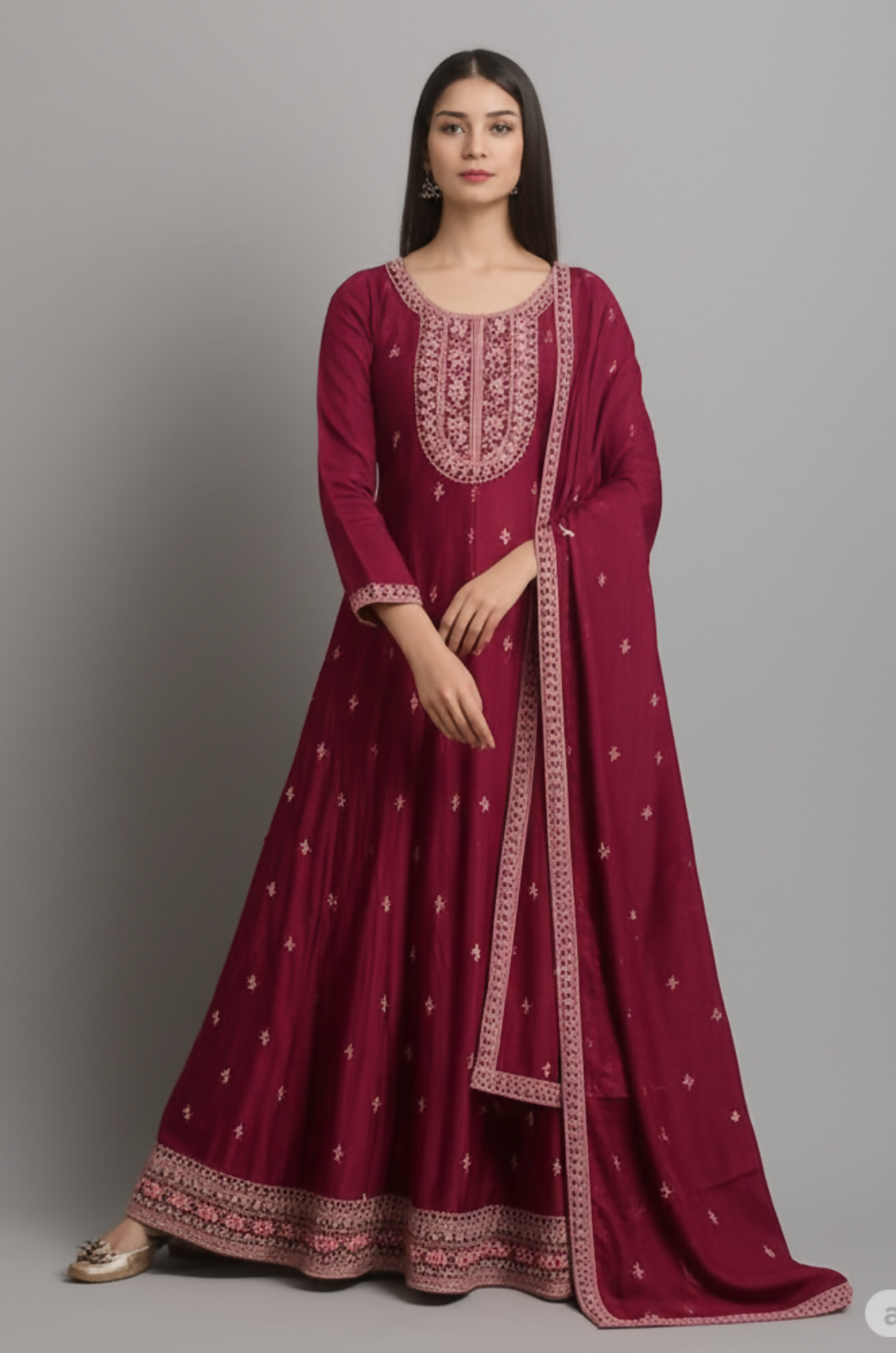 Deep Claret Anarkali Churidar Suit (1)