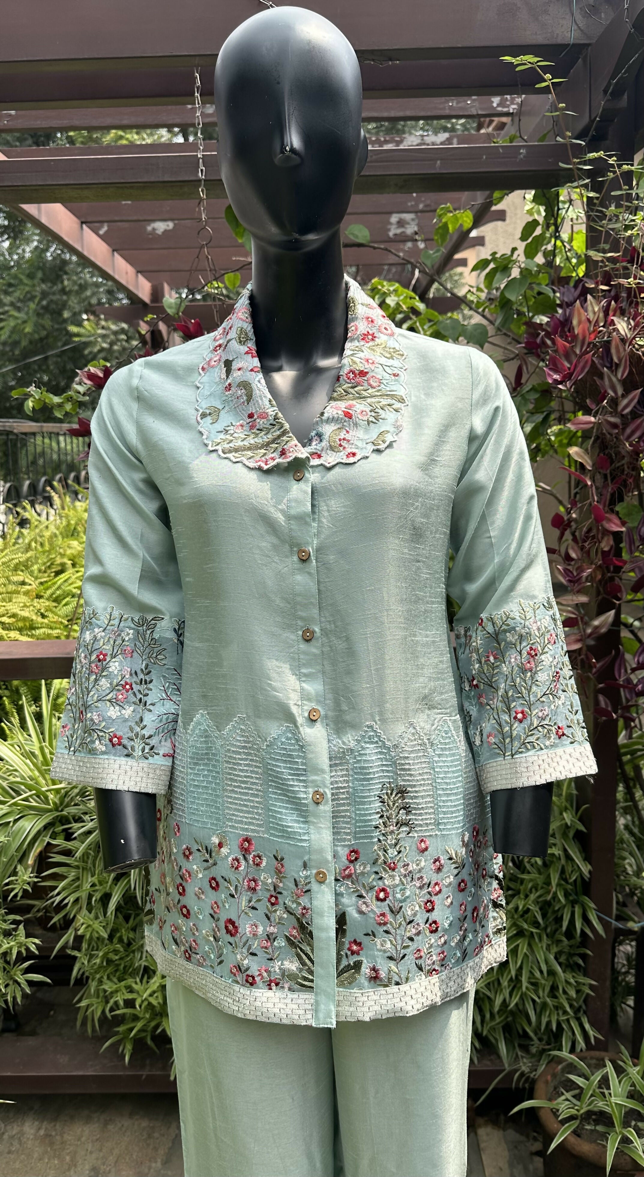 Cotton Silk Embroidered Cord Set Turquoise